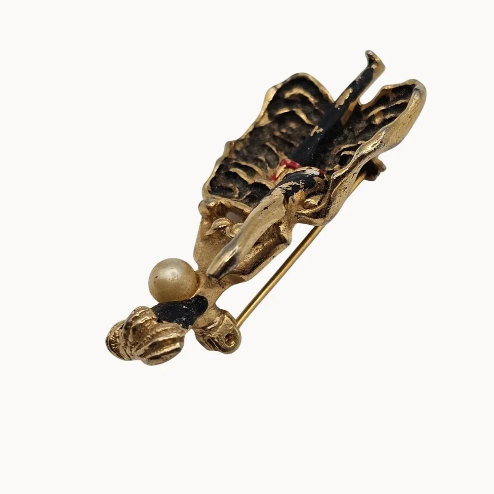 VTG Gold-Tone Enamel Painted Pearl Faced French Cabernet Cancan Dancer‎ Brooch